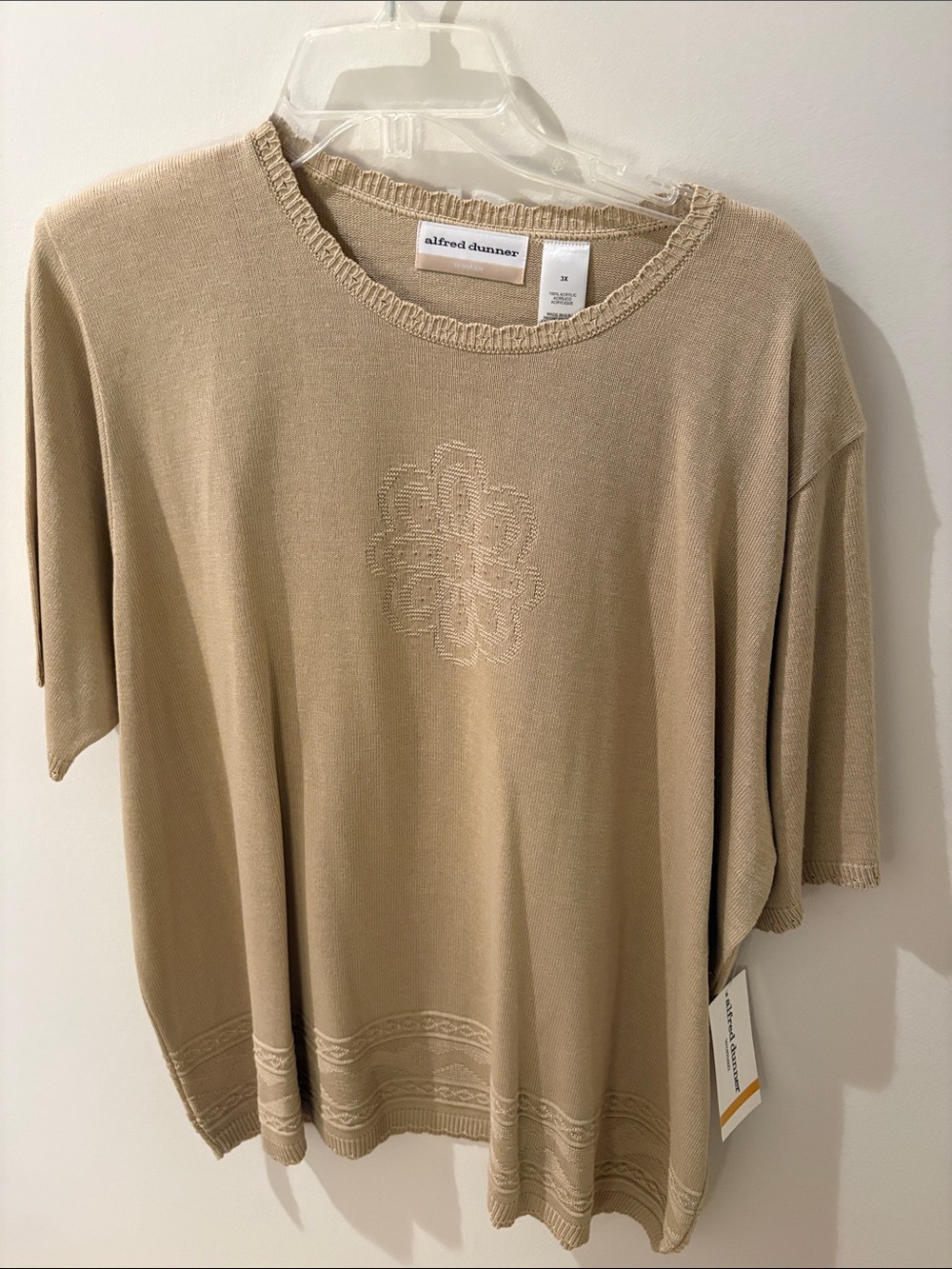 Alfred Dunner Tan Short-Sleeve Knit Top with Embroidered Motif